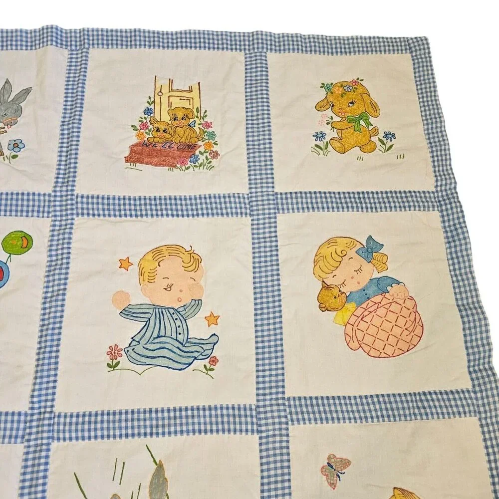 Vintage 70s Baby Quilt Kitschy Handpainted Animals Patchwork Blue 41 X 51‎ Blue